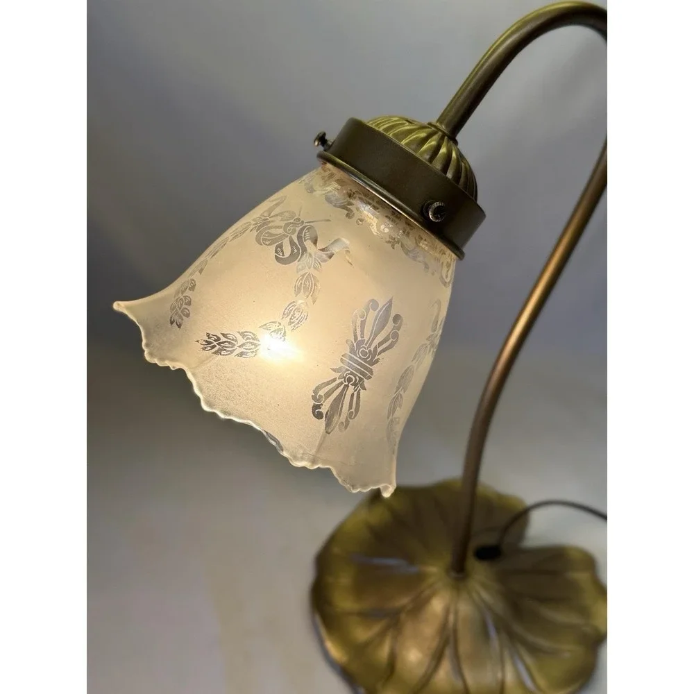 VTG Art Nouveau Brass Style Gooseneck Lily Pad Desk Lamp W/ White Frosted Shade